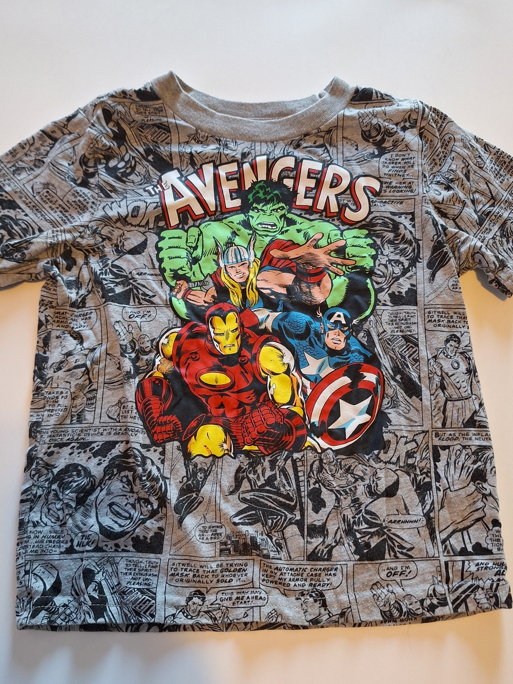 Marvel Avengers Gray Comic-Print Tee with Red, Yellow, Blue, Green Accents